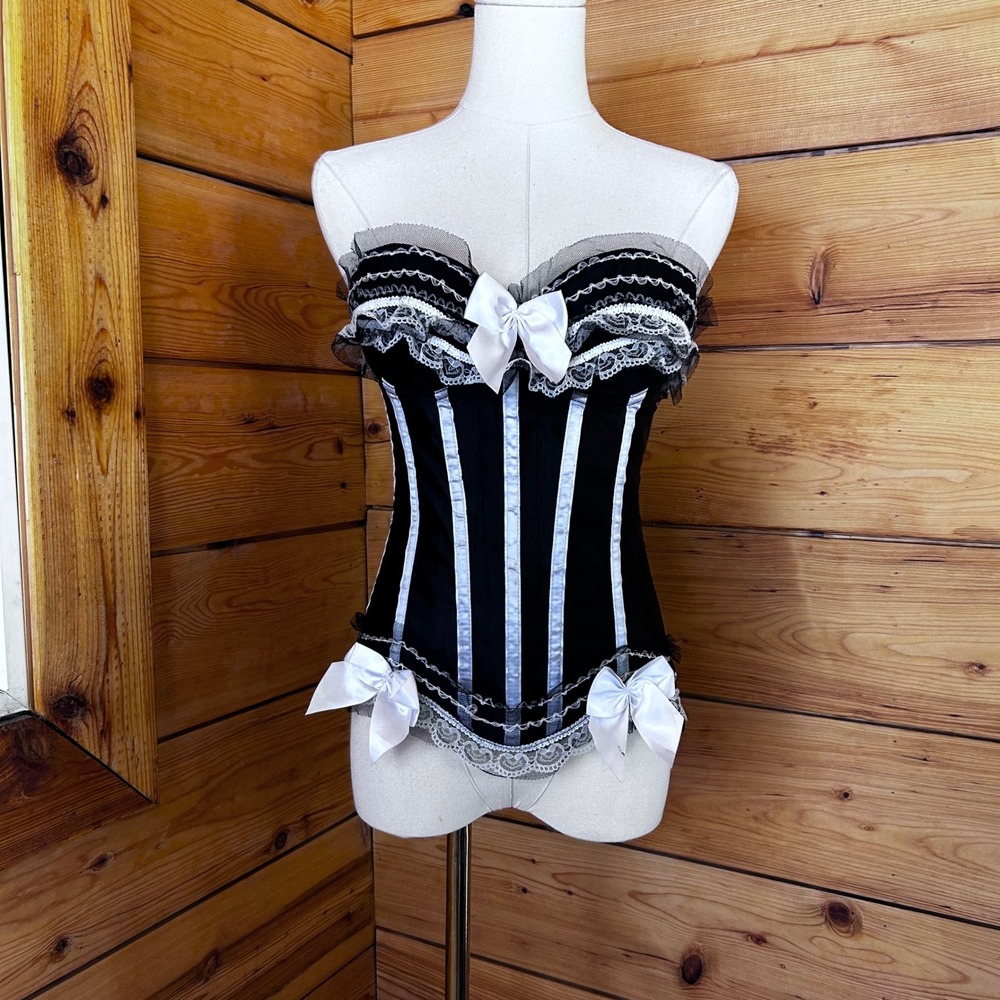 Corset Top Women Small Black White Lace Up Bow Bustier Gothic Lolita MCM